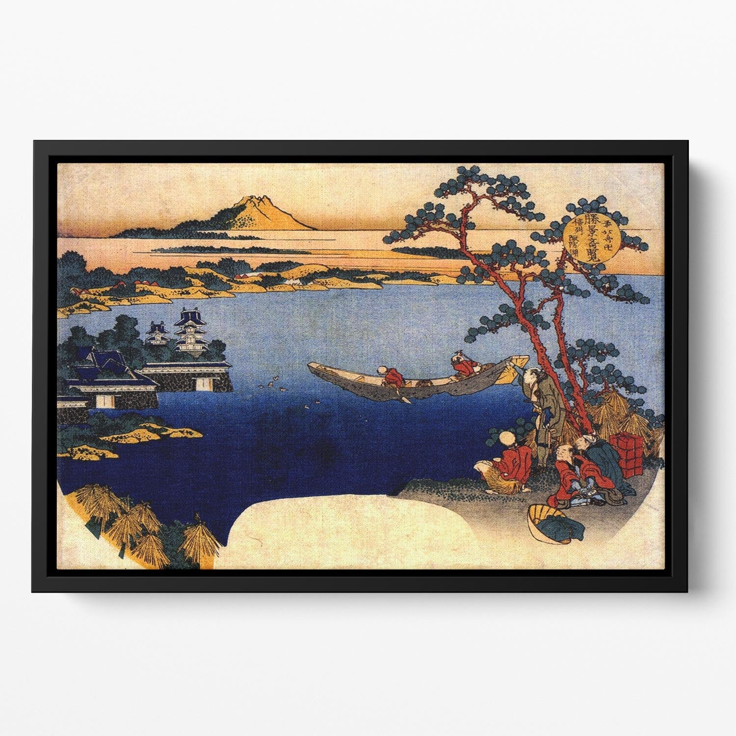 Floating framed canvas of Hokusai's View of Lake Suwa, showcasing vibrant colors and intricate details.