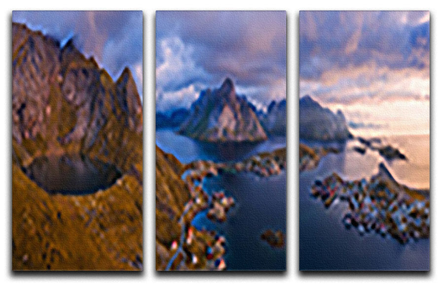 A stunning 3-panel canvas print featuring the breathtaking landscape of Lofoten, showcasing mountains and serene waters.
