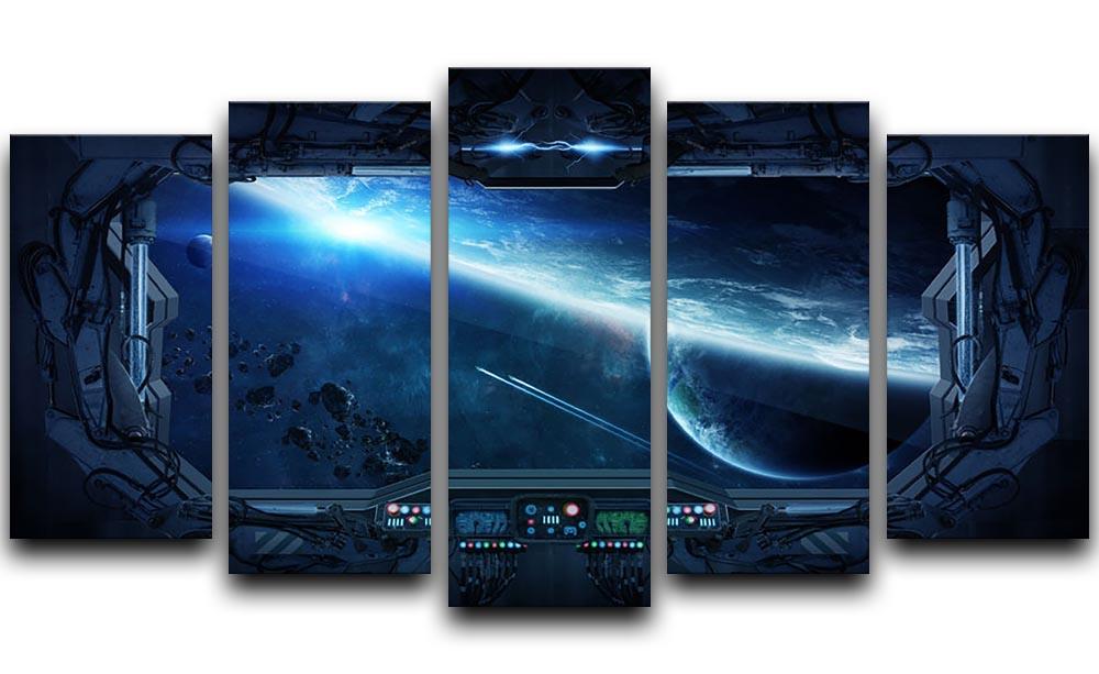 A stunning 5-split canvas artwork depicting a view of outer space from a space station window, showcasing vibrant stars and galaxies.