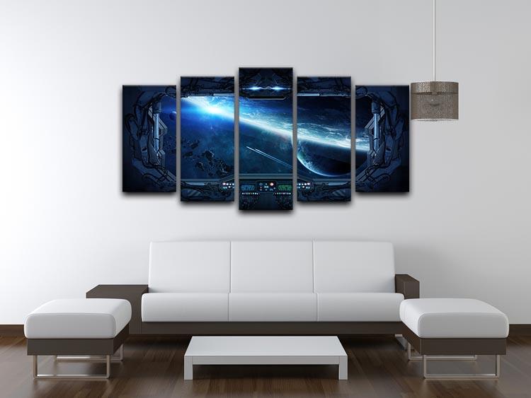 A stunning 5-split canvas artwork depicting a view of outer space from a space station window, showcasing vibrant stars and galaxies.