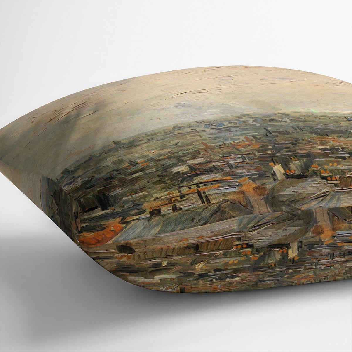 A vibrant cushion featuring Van Gogh's 'View of Paris from Montmartre', showcasing colorful abstract design on luxurious vegan faux suede.