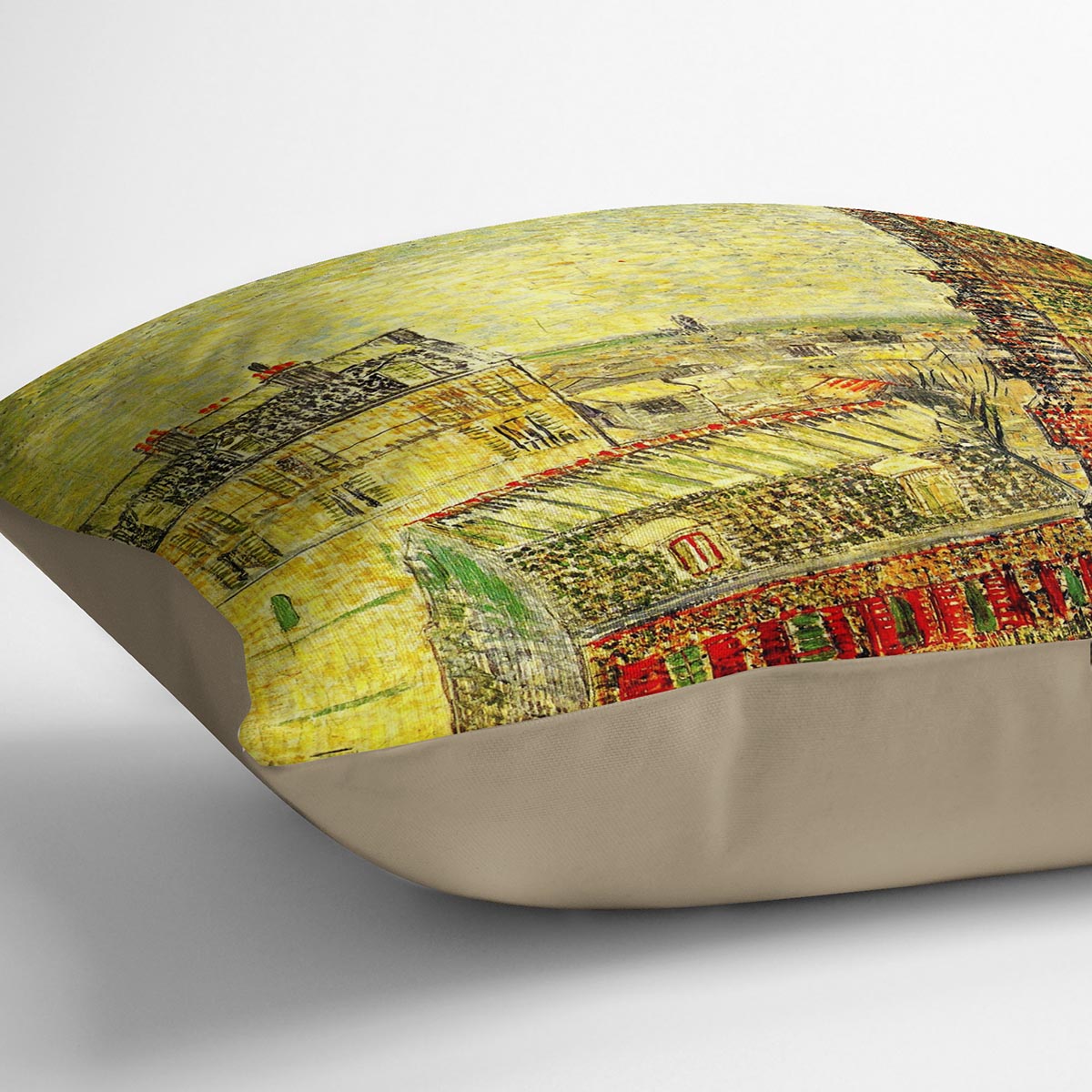 A vibrant cushion featuring Van Gogh's 'View of Paris from Vincent's Room', showcasing rich colors and artistic design on soft faux suede.