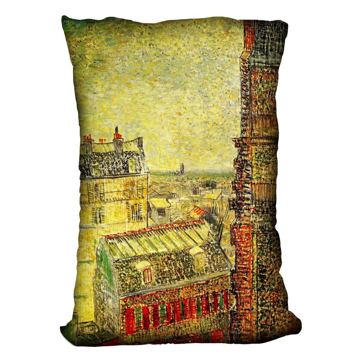 A vibrant cushion featuring Van Gogh's 'View of Paris from Vincent's Room', showcasing rich colors and artistic design on soft faux suede.
