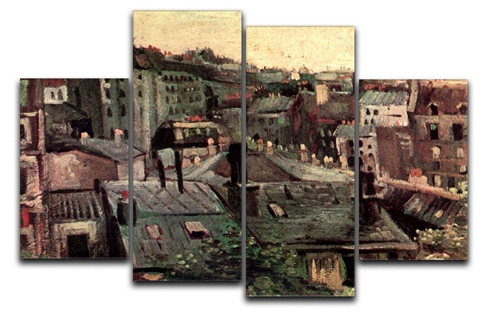 4 split panel canvas artwork featuring Van Gogh's View of Roofs and Backs of Houses, showcasing vibrant colors and dynamic design.