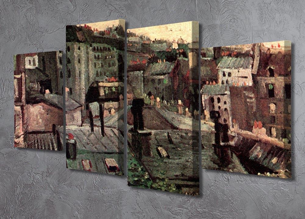 4 split panel canvas artwork featuring Van Gogh's View of Roofs and Backs of Houses, showcasing vibrant colors and dynamic design.