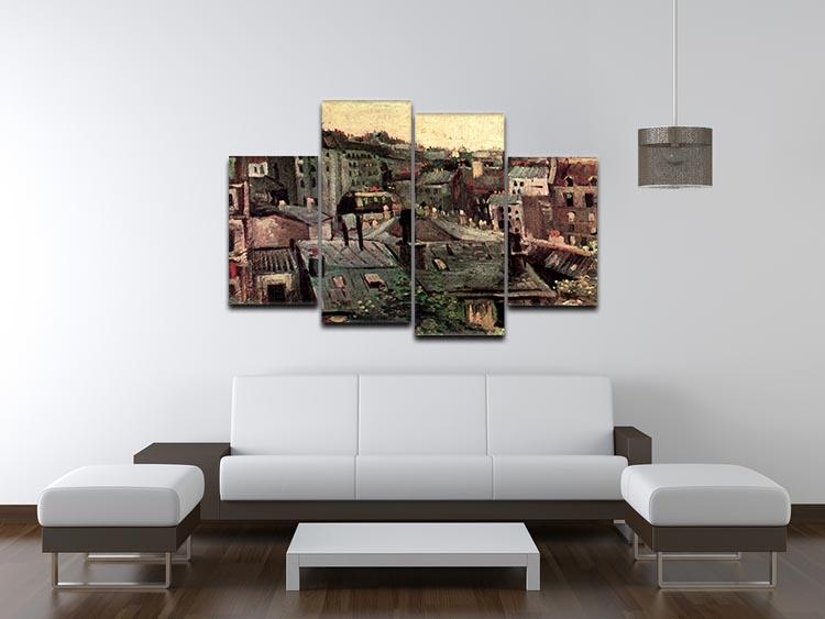 4 split panel canvas artwork featuring Van Gogh's View of Roofs and Backs of Houses, showcasing vibrant colors and dynamic design.