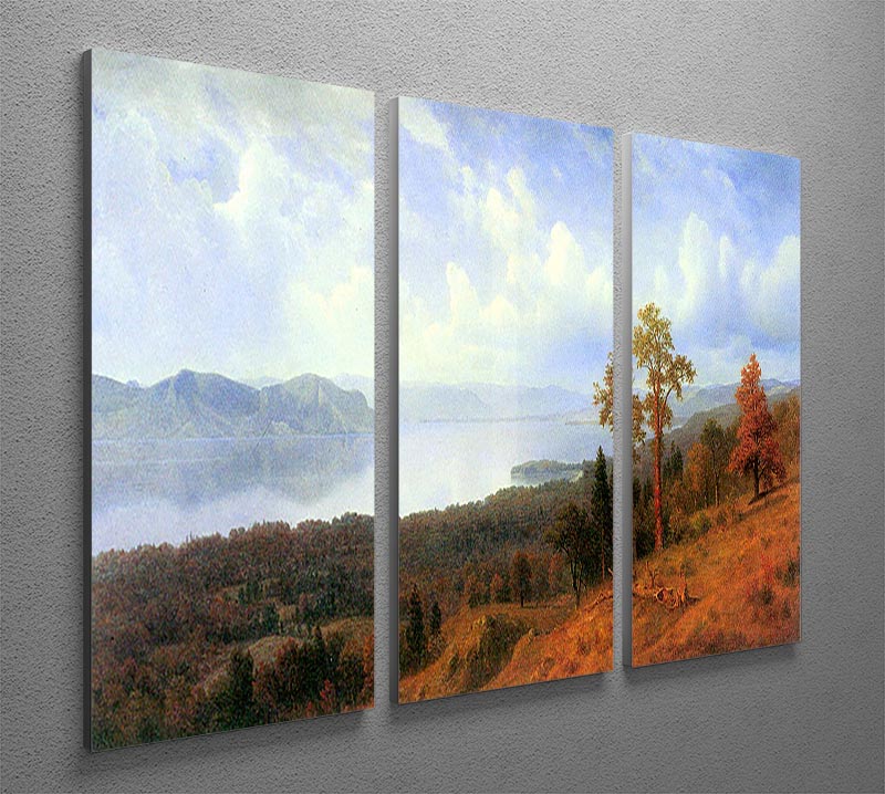 Three-panel canvas print depicting the Hudson River Valley by Bierstadt, showcasing vibrant landscapes and serene natural beauty.