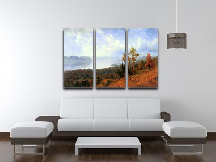 Three-panel canvas print depicting the Hudson River Valley by Bierstadt, showcasing vibrant landscapes and serene natural beauty.