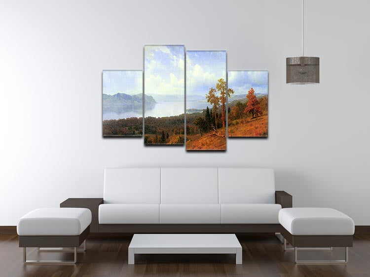 A stunning 4-split canvas artwork depicting the Hudson River Valley by Bierstadt, showcasing vibrant colors and intricate details.