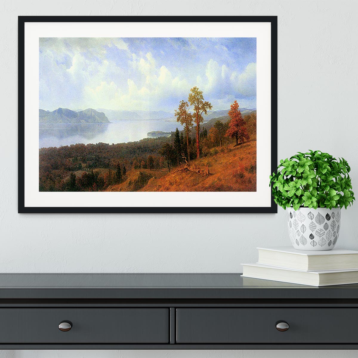 Framed print of the View of the Hudson River Valley by Bierstadt, showcasing vibrant colors and intricate details.