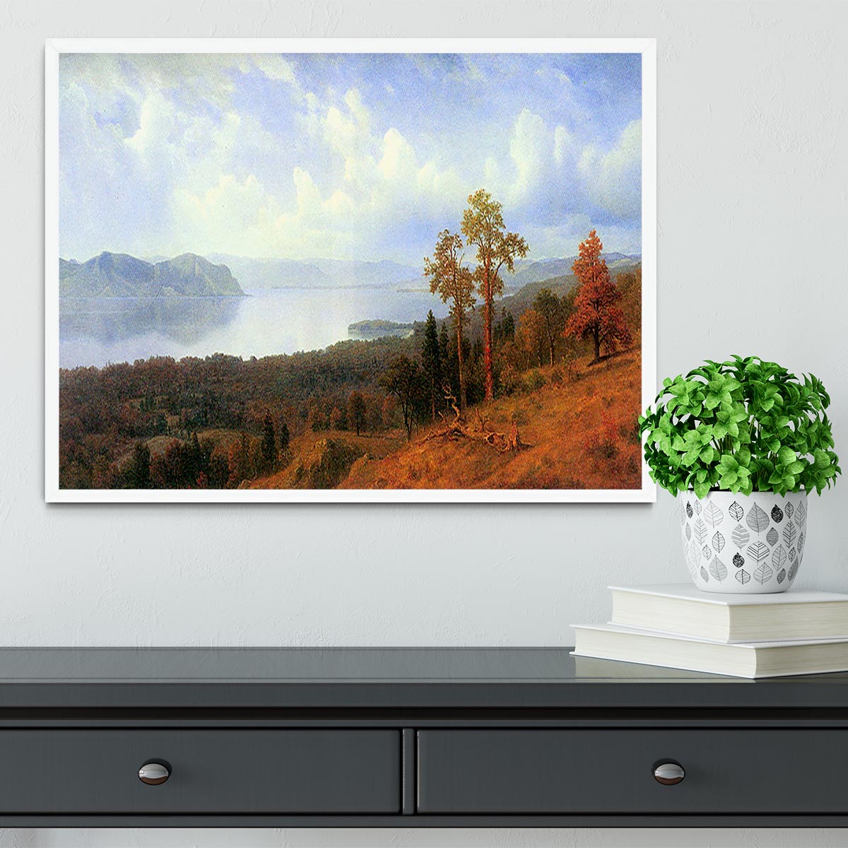 Framed print of the View of the Hudson River Valley by Bierstadt, showcasing vibrant colors and intricate details.