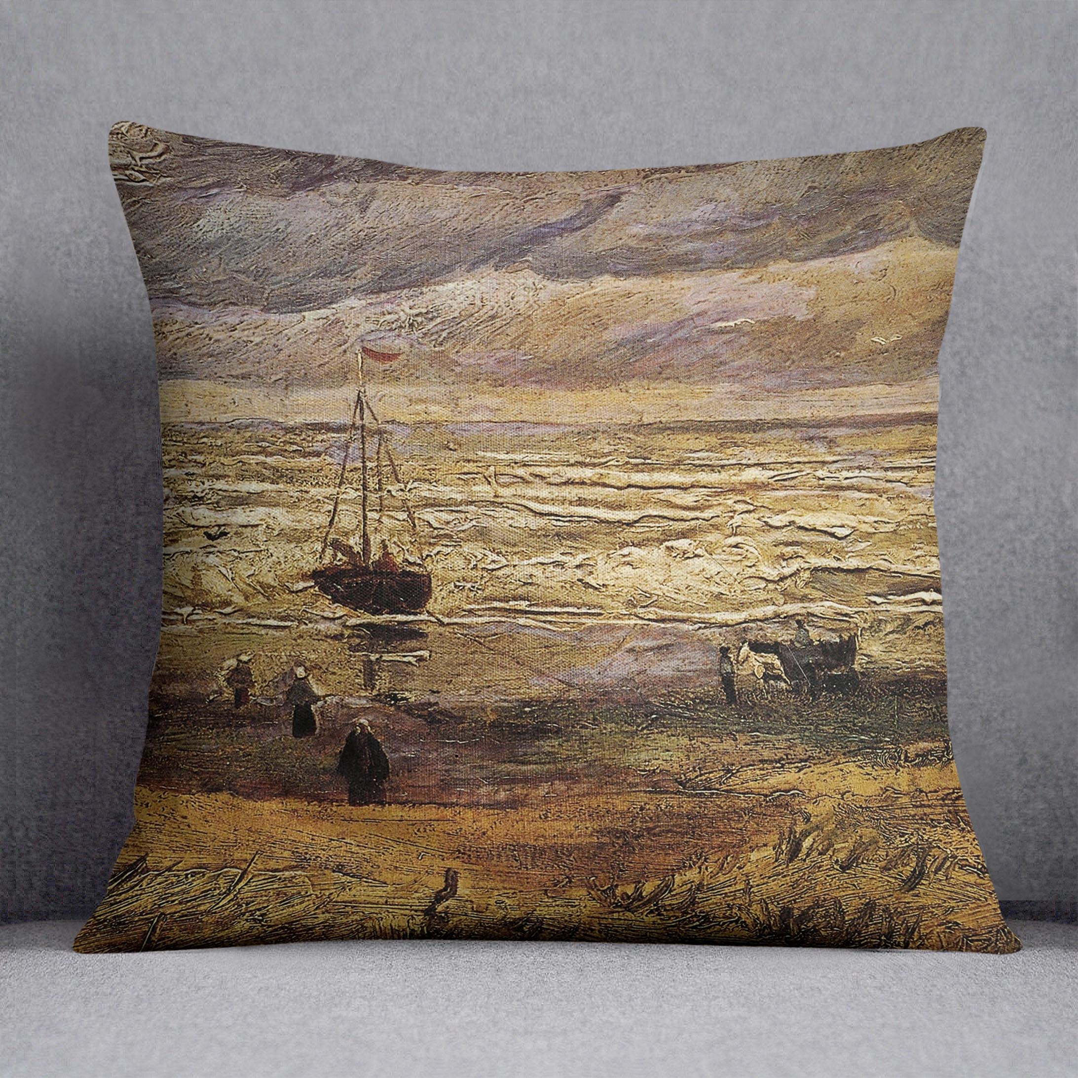 A vibrant cushion featuring Van Gogh's View of the Sea at Scheveningen, showcasing rich colors and a soft faux suede texture.