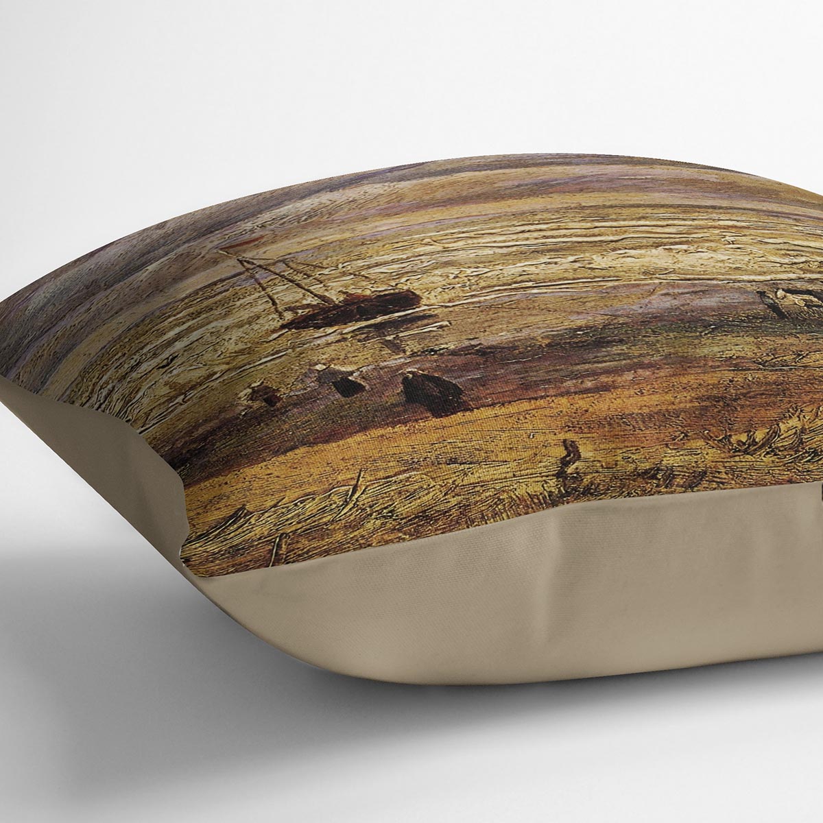 A vibrant cushion featuring Van Gogh's View of the Sea at Scheveningen, showcasing rich colors and a soft faux suede texture.