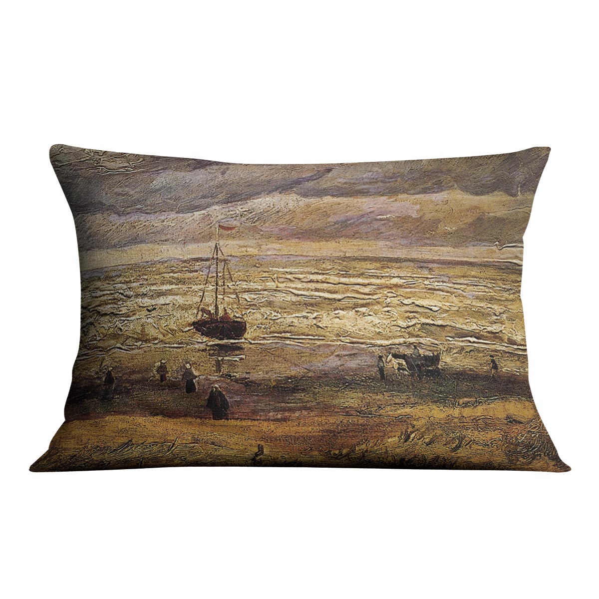 A vibrant cushion featuring Van Gogh's View of the Sea at Scheveningen, showcasing rich colors and a soft faux suede texture.