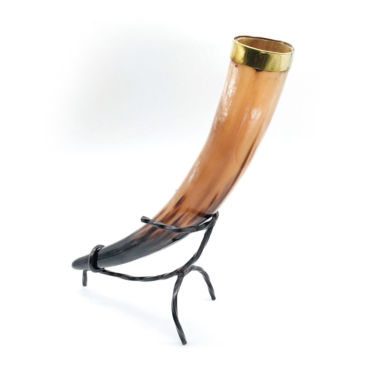 A beautifully crafted Viking drinking horn displayed on a sturdy iron stand, showcasing unique brown tones and intricate details.