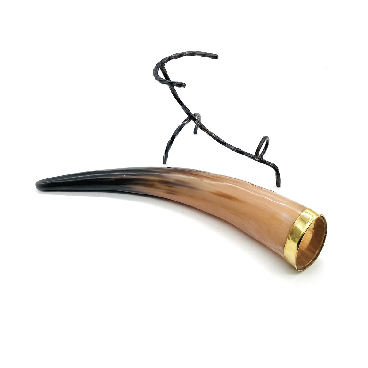 A beautifully crafted Viking drinking horn displayed on a sturdy iron stand, showcasing unique brown tones and intricate details.