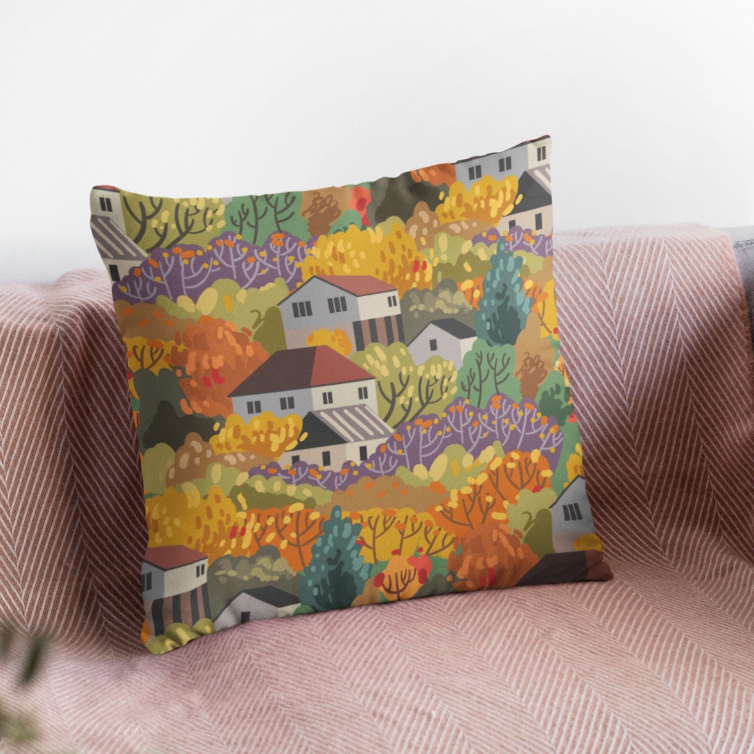 Village In The Forest View Cushion Cover featuring a vibrant fall-themed design, made of soft polyester and cotton blend.