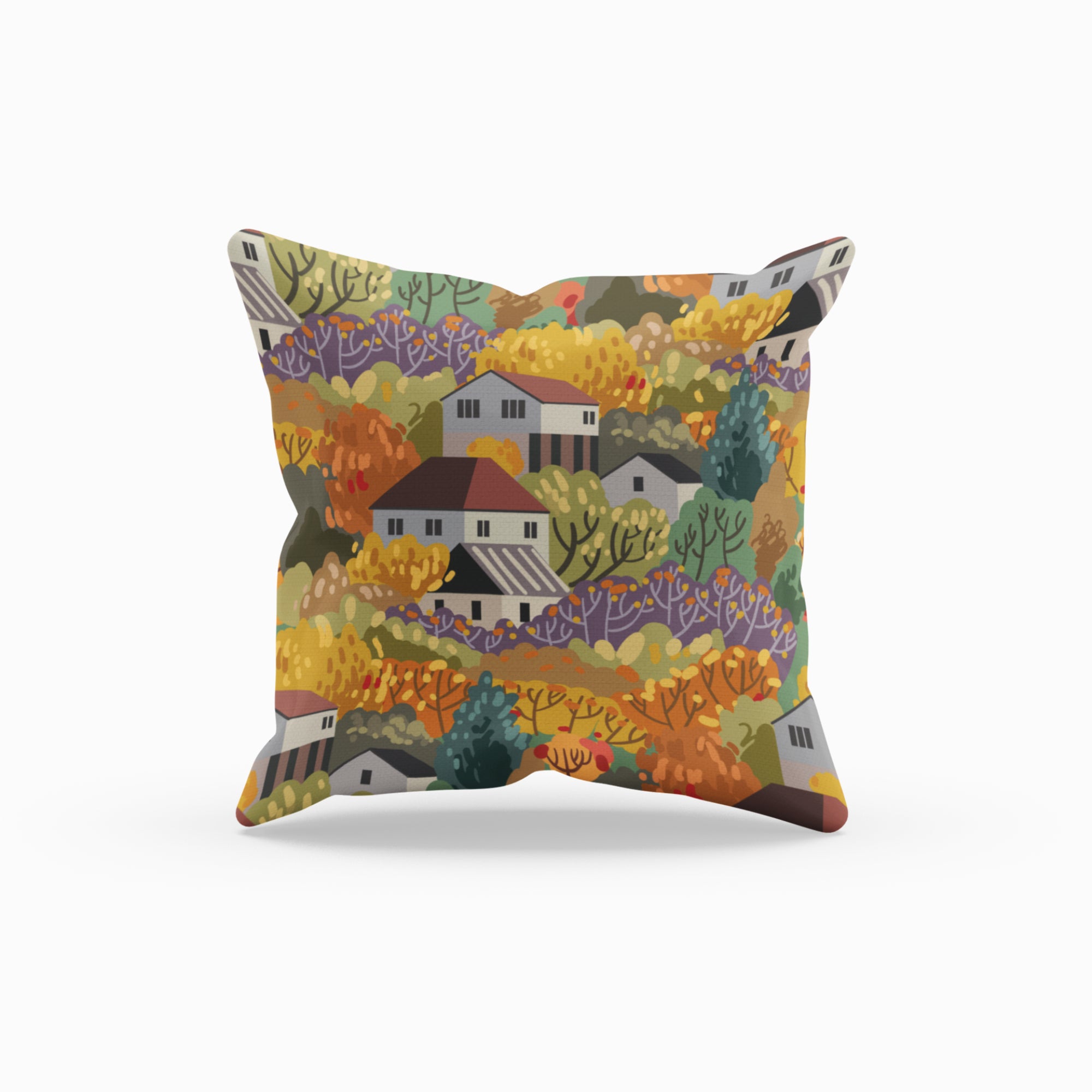 Village In The Forest View Cushion Cover featuring a vibrant fall-themed design, made of soft polyester and cotton blend.