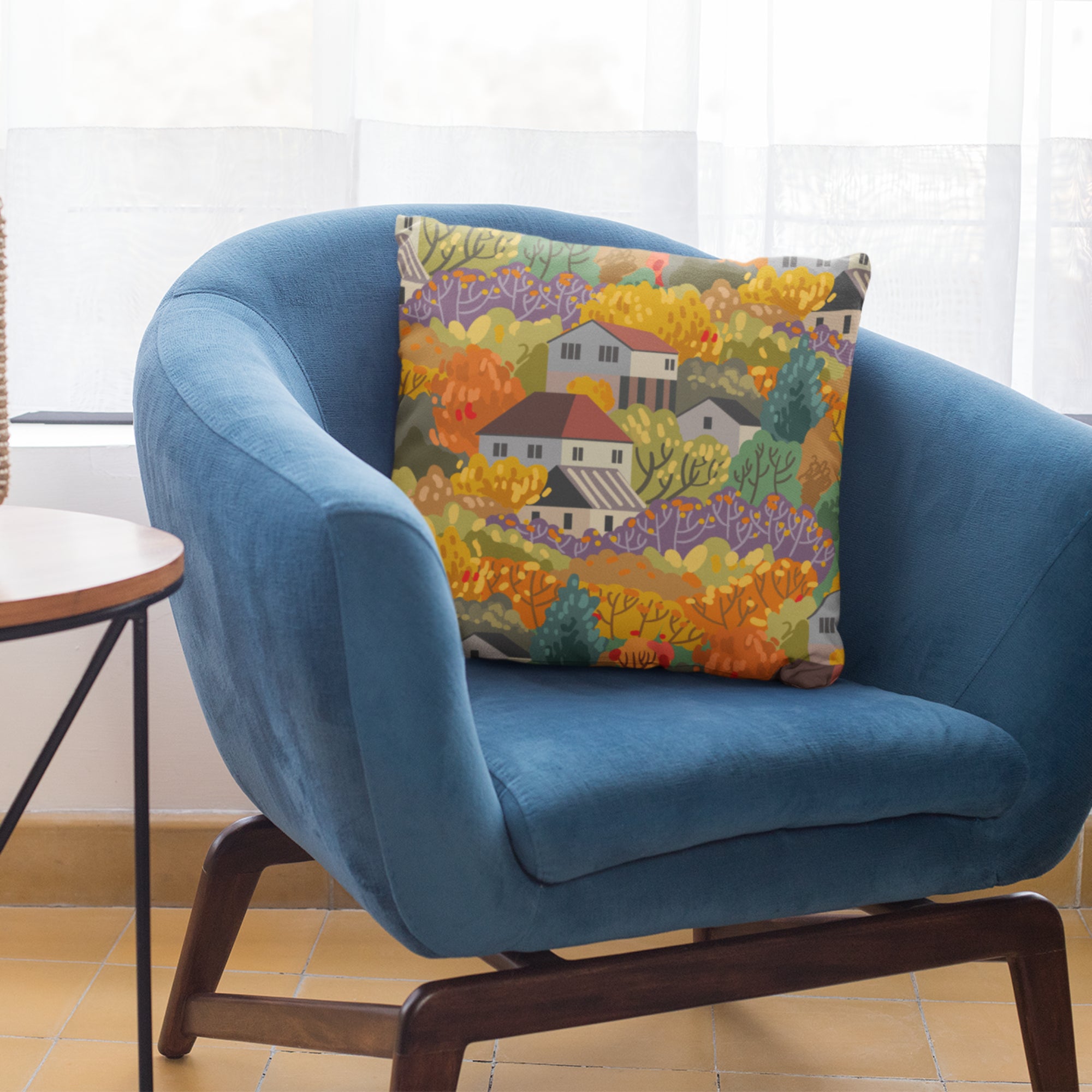 Village In The Forest View Cushion Cover featuring a vibrant fall-themed design, made of soft polyester and cotton blend.