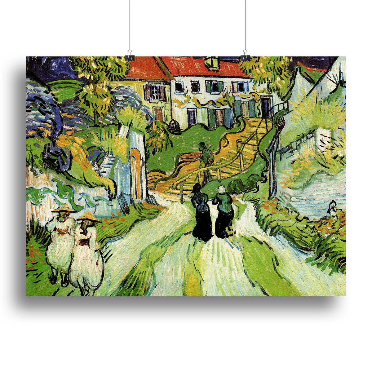 Canvas print of Van Gogh's Village Street and Steps in Auvers featuring vibrant colors and figures, perfect for home decor.