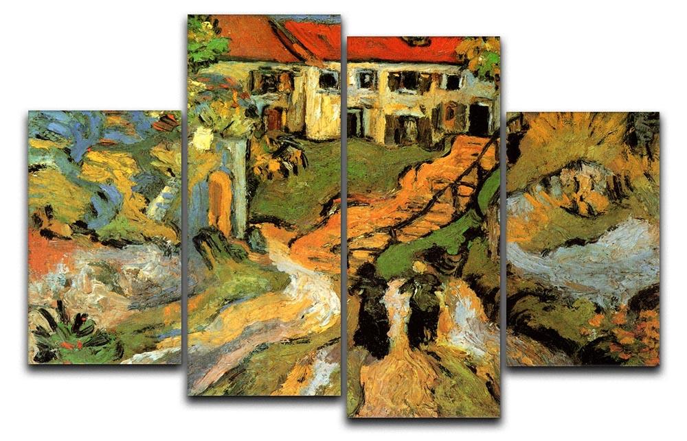 A 4-split canvas artwork featuring Van Gogh's Village Street and Steps in Auvers, showcasing two figures amidst a charming village scene.