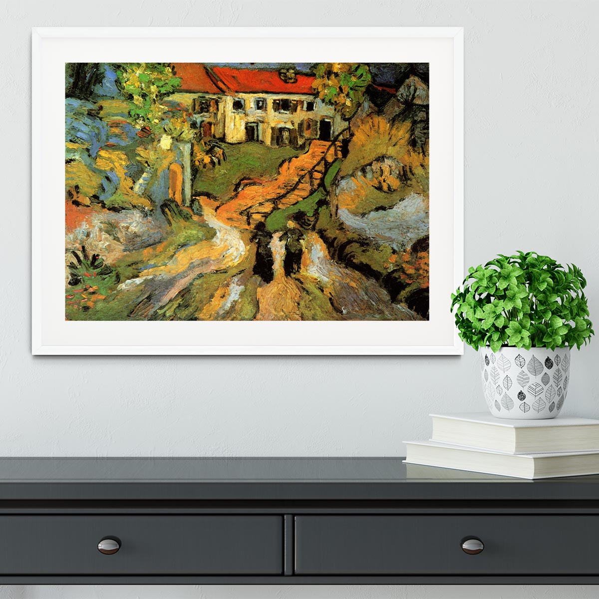 Framed artwork of Van Gogh's Village Street and Steps in Auvers featuring two figures, showcasing vibrant colors and quality craftsmanship.