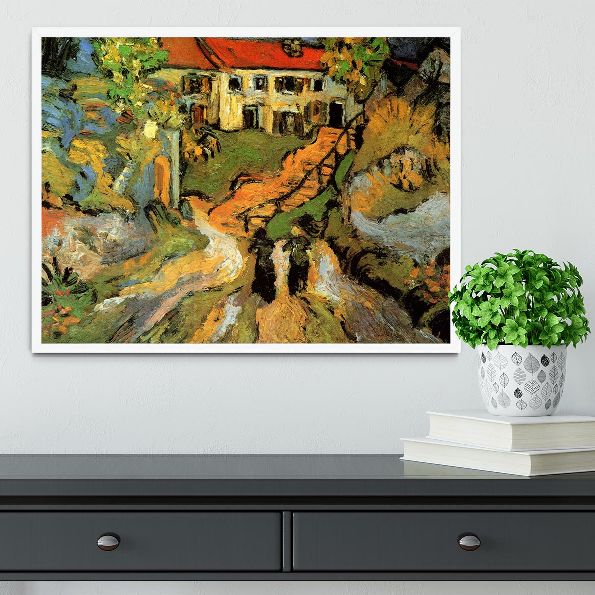 Framed artwork of Van Gogh's Village Street and Steps in Auvers featuring two figures, showcasing vibrant colors and quality craftsmanship.