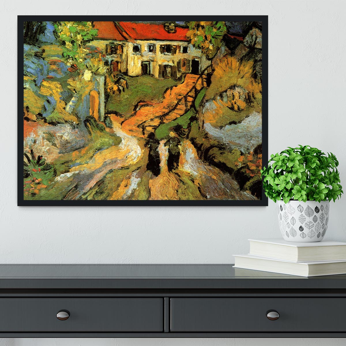 Framed artwork of Van Gogh's Village Street and Steps in Auvers featuring two figures, showcasing vibrant colors and quality craftsmanship.