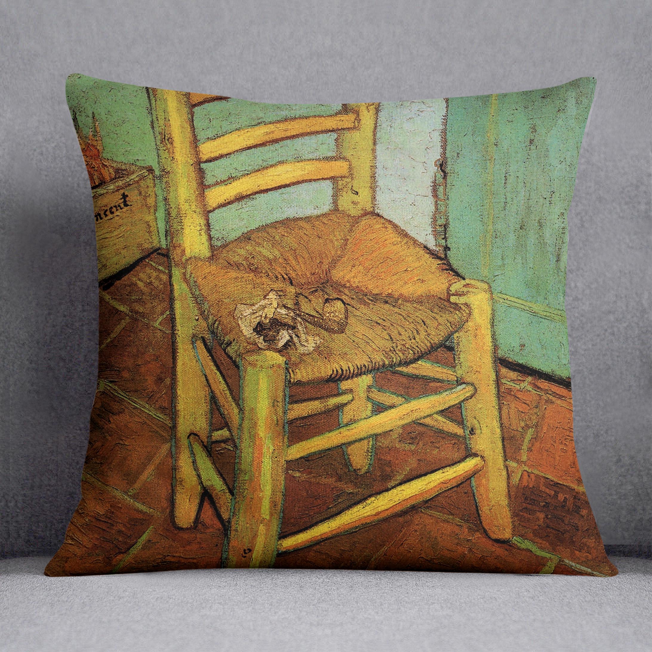 Vincent's Chair with His Pipe by Van Gogh Cushion featuring vibrant colors and luxurious vegan faux suede material.