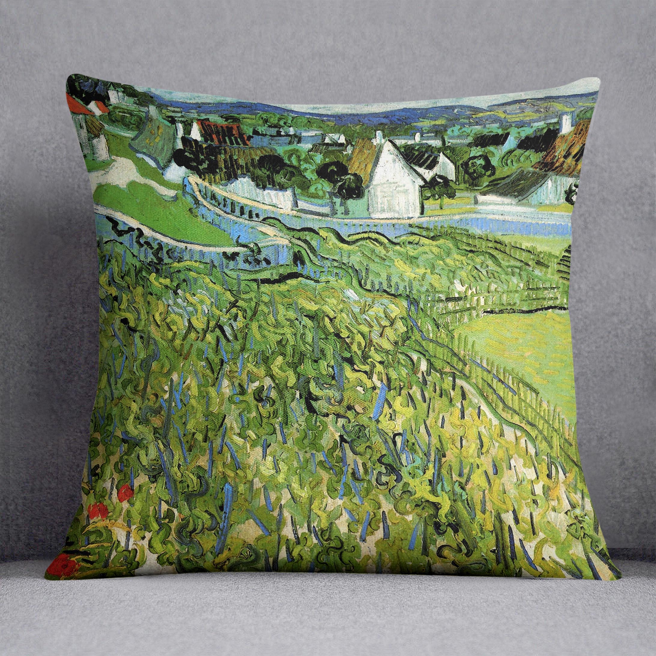 Vineyards with a View of Auvers by Van Gogh Cushion featuring vibrant colors and luxurious vegan faux suede material.
