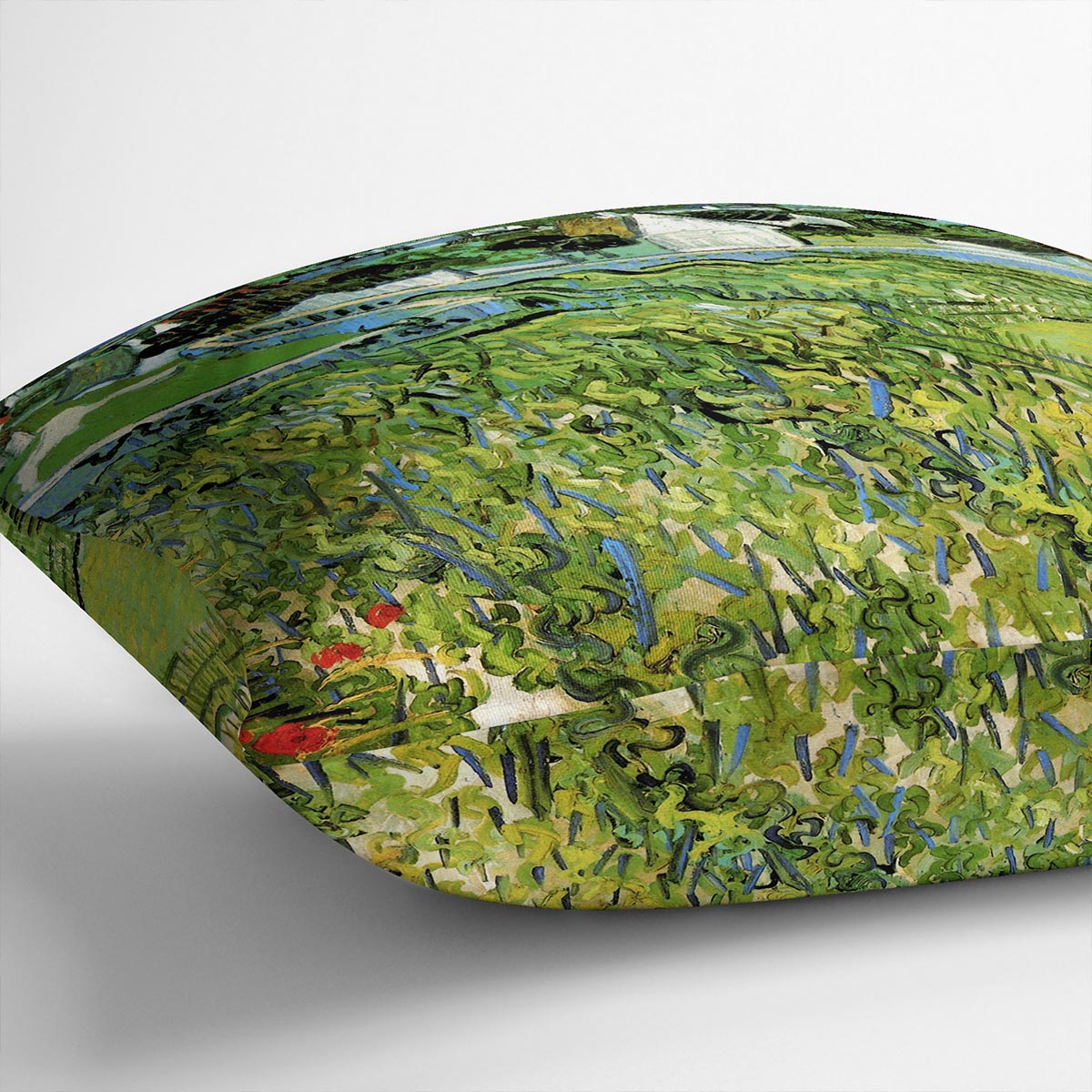 Vineyards with a View of Auvers by Van Gogh Cushion featuring vibrant colors and luxurious vegan faux suede material.