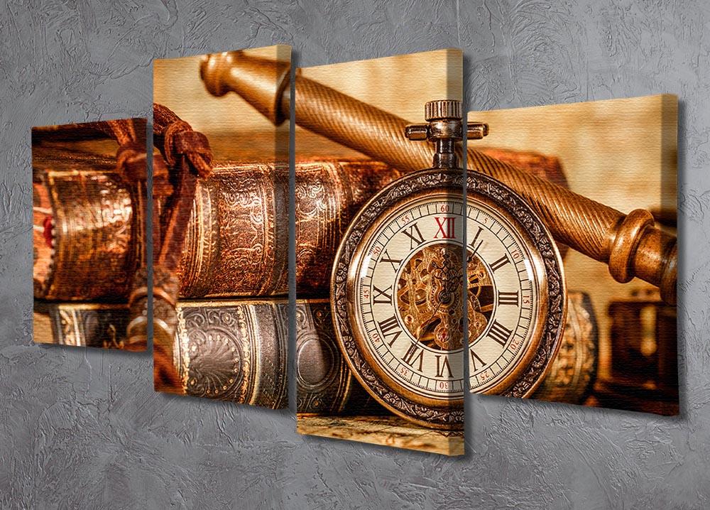 Vintage Antique Pocket Watch 4 Split Panel Canvas artwork featuring a detailed pocket watch design divided into four panels.