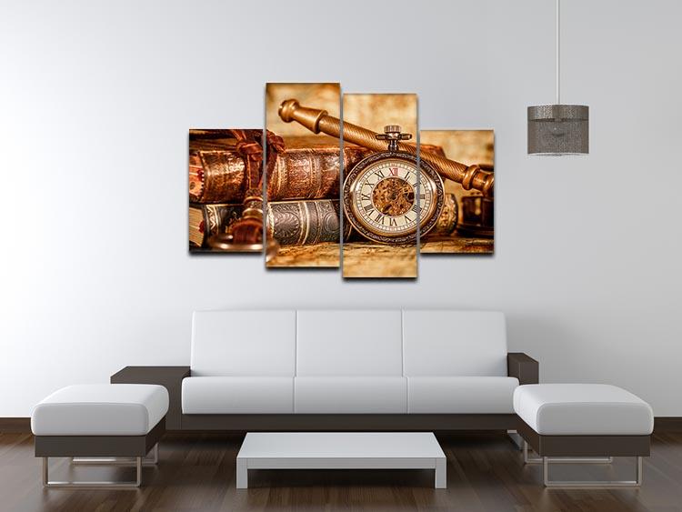 Vintage Antique Pocket Watch 4 Split Panel Canvas artwork featuring a detailed pocket watch design divided into four panels.