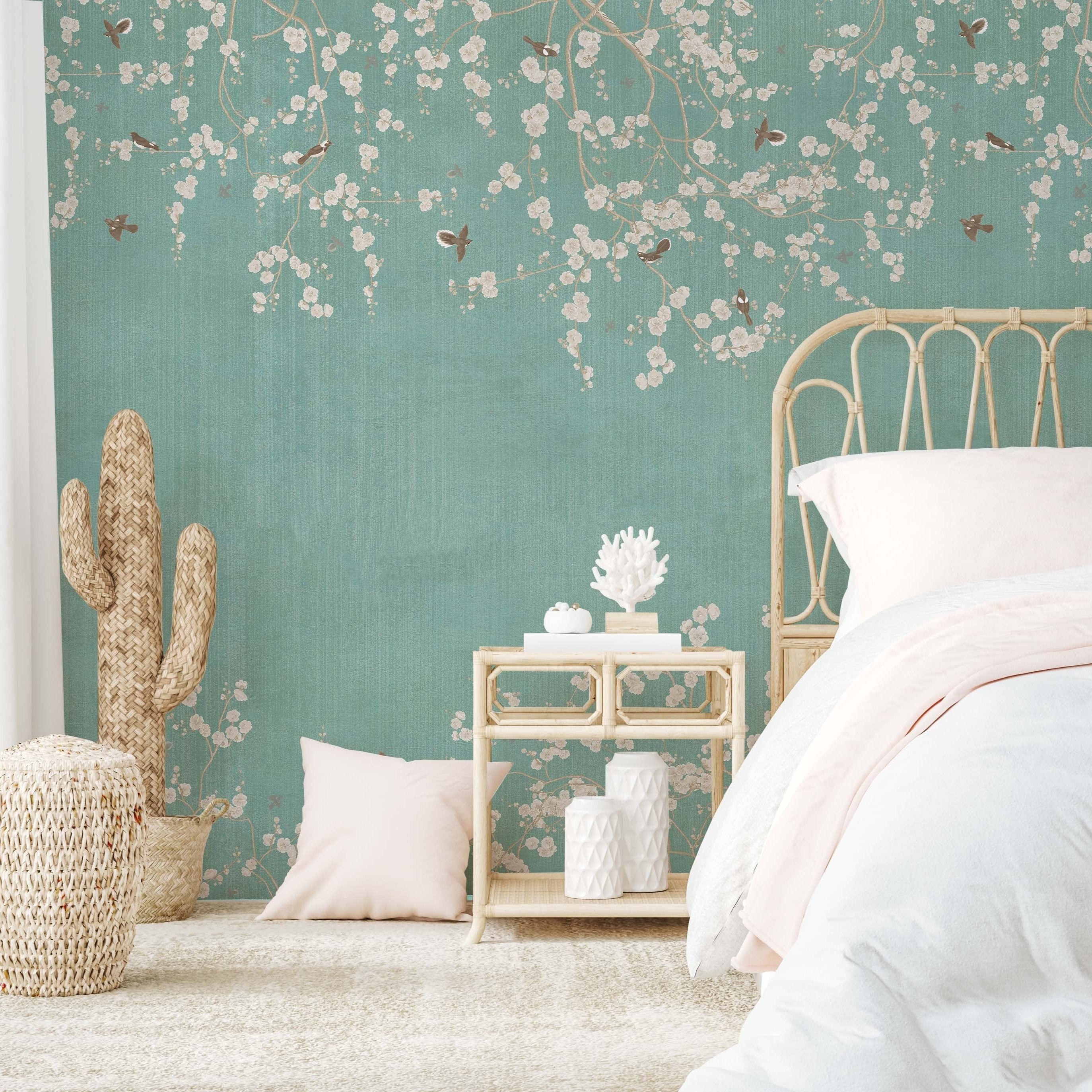 Vintage Blossom Chinoiserie wallpaper mural featuring weeping willows and delicate flowers in elegant design.