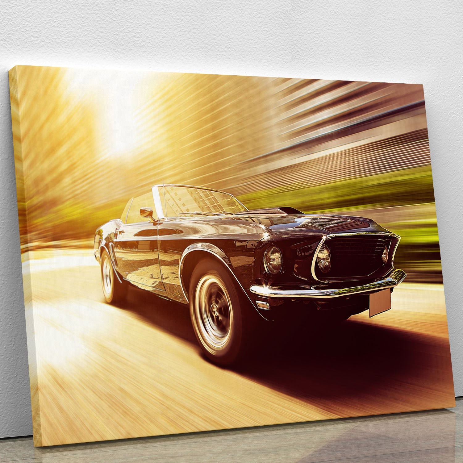 A vintage car canvas print showcasing classic automobiles in vibrant colors, perfect for home or office decor.