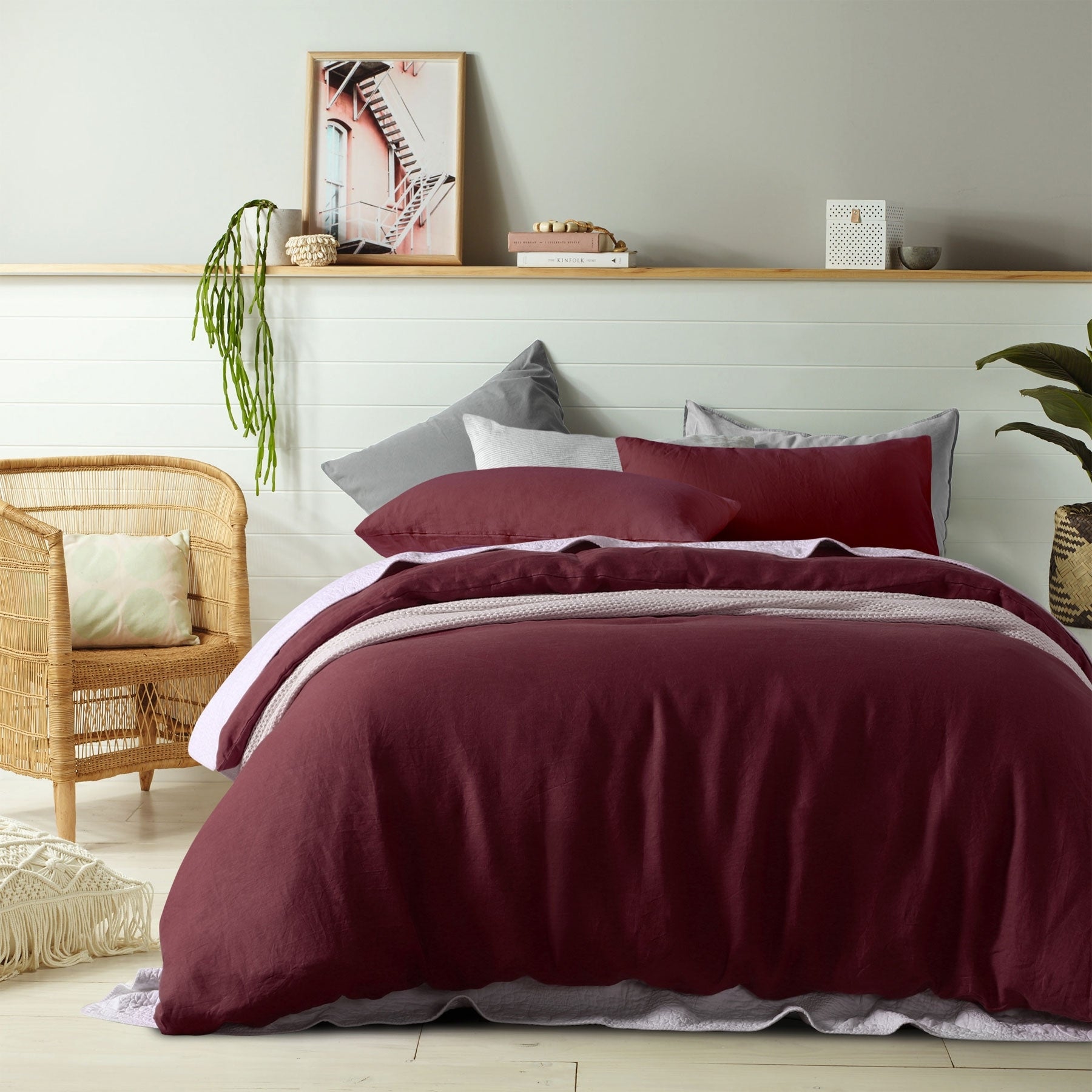 Vintage Design Homewares 100% Linen Merlot Quilt Cover Set featuring a rich merlot color, includes quilt cover and pillowcase, perfect for stylish bedrooms.