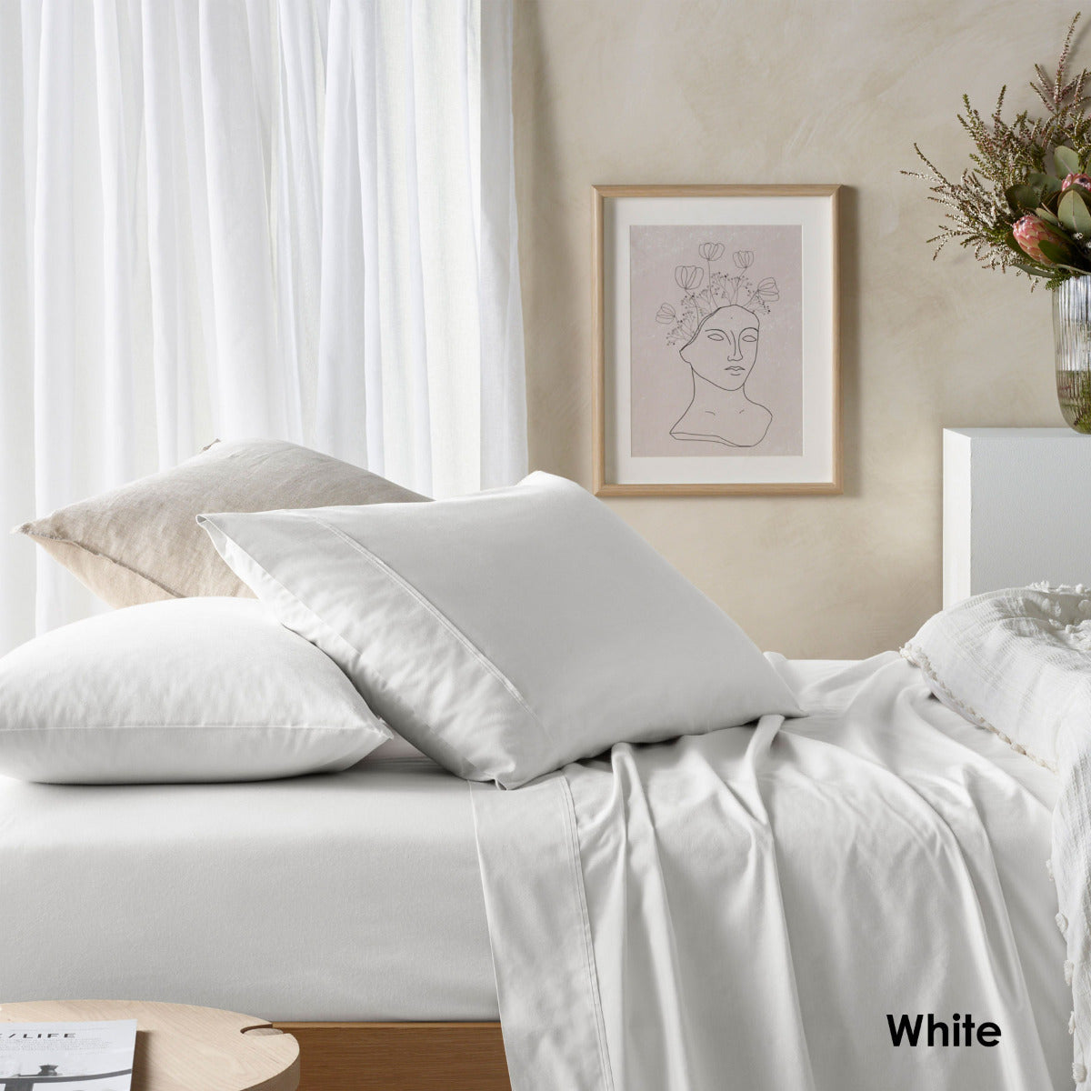 Vintage Design Homewares 225TC Cotton Eucalyptus Sheet Set in white, featuring a flat sheet, fitted sheet, and two pillowcases, showcasing eco-friendly luxury.
