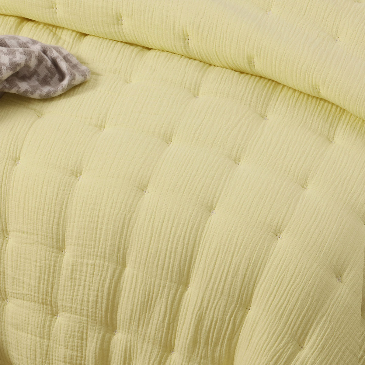 Vintage Design Homewares 3 Piece Hugo Cotton Gauze Quilted Comforter set in Butter color, featuring a soft cotton gauze fabric and quilted design.