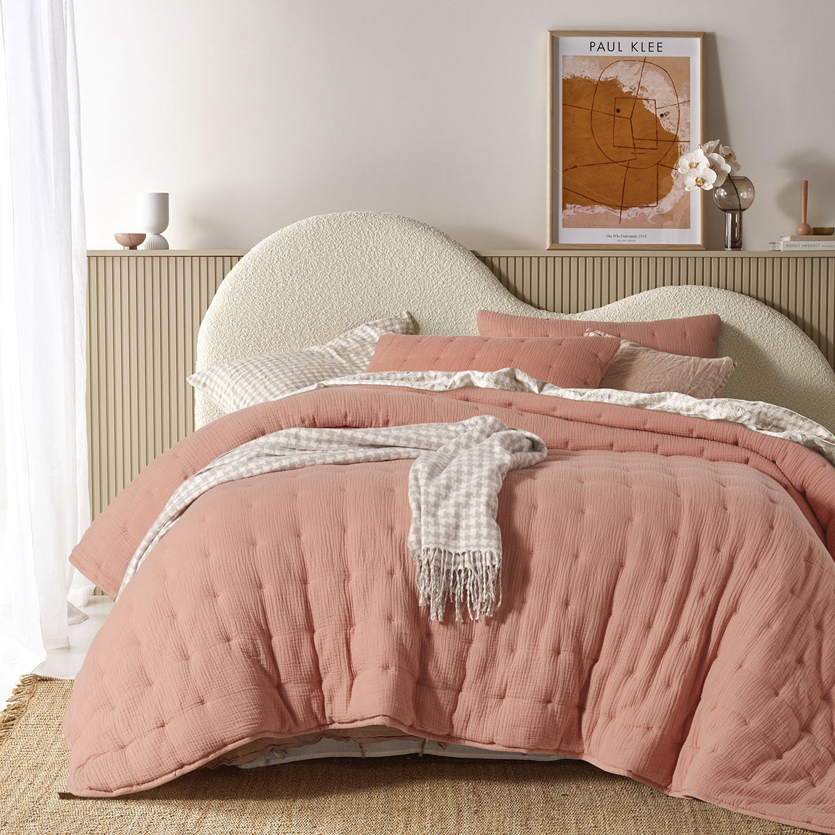 Vintage Design Homewares 3 Piece Hugo Cotton Gauze Quilted Comforter Set in clay color, featuring a soft cotton gauze fabric and quilted design.