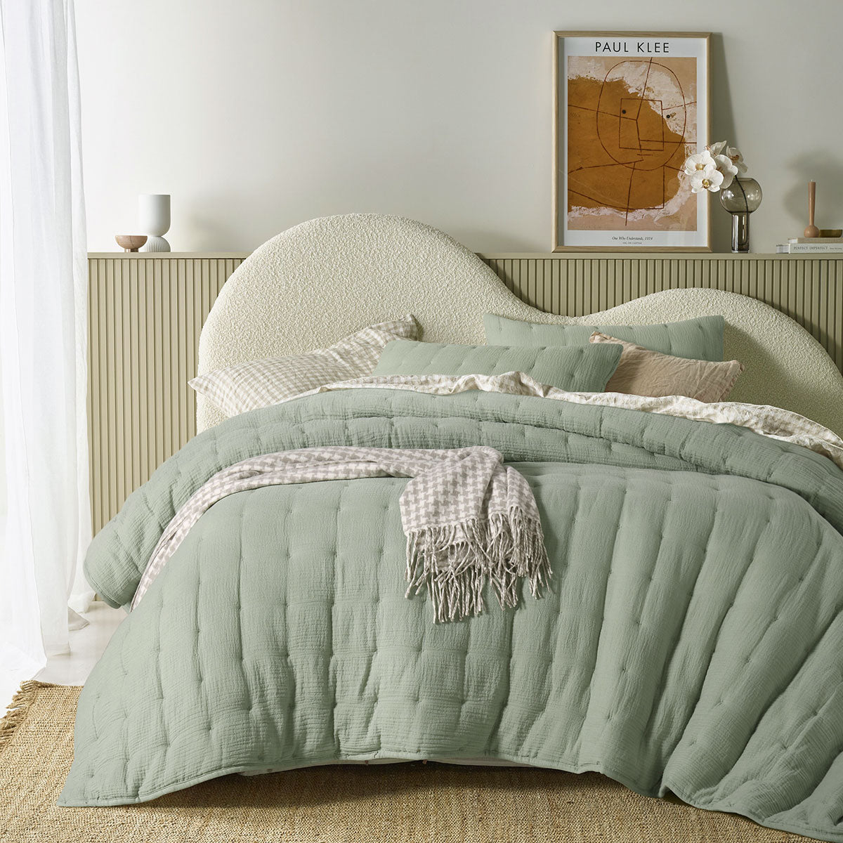 Vintage Design Homewares 3 Piece Hugo Cotton Gauze Quilted Comforter Set in Sage, featuring soft cotton gauze fabric and quilted design.