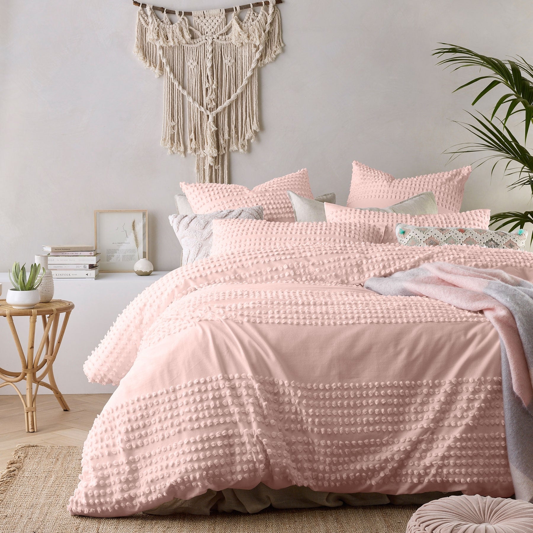 Vintage Design Homewares Betty Blush Quilt Cover Set featuring a stylish applique design in soft colors, perfect for a cozy bedroom.