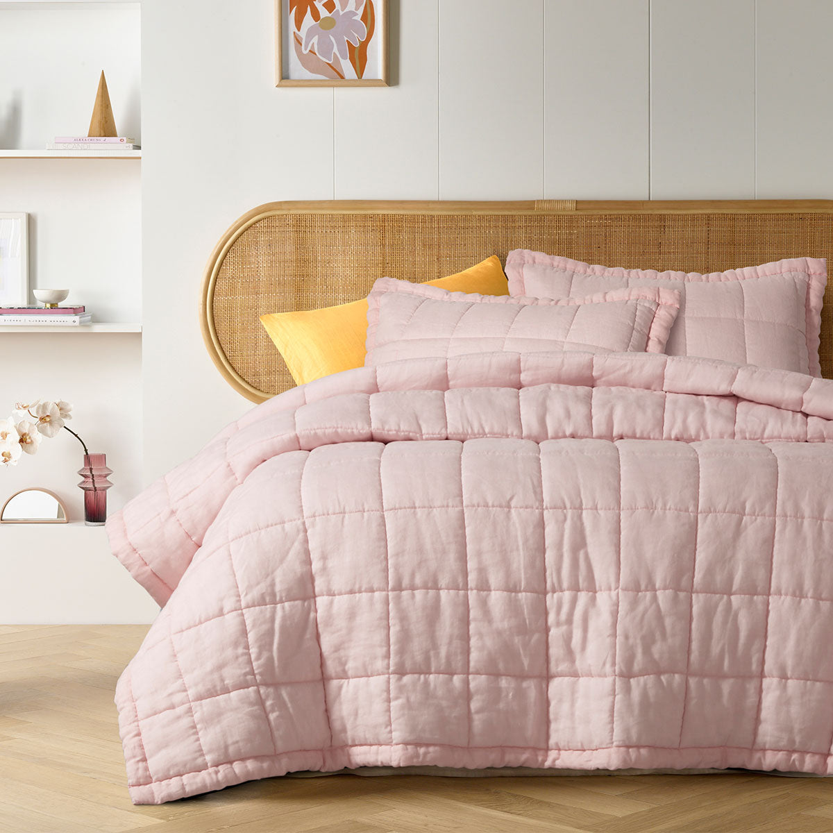 Blush French Linen Coverlet Set King with quilted pillowcases, showcasing luxurious fabric and elegant design.