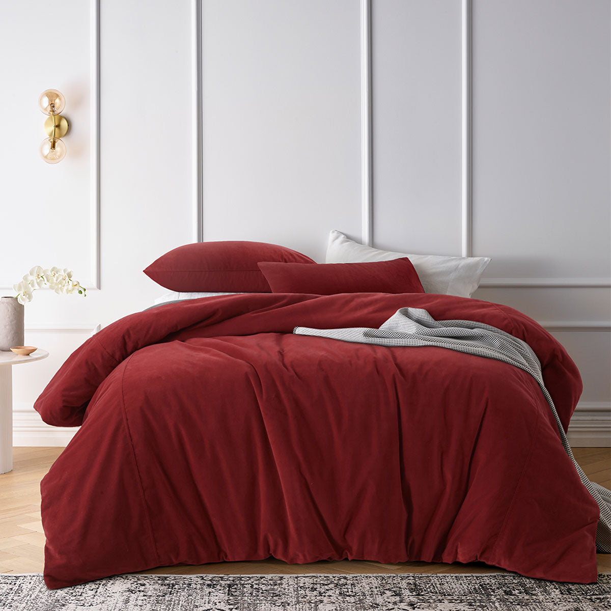 Vintage Design Homewares Cotton Velvet Quilt Cover Set in Rouge, featuring a plush texture and elegant solid color design, perfect for king-sized beds.