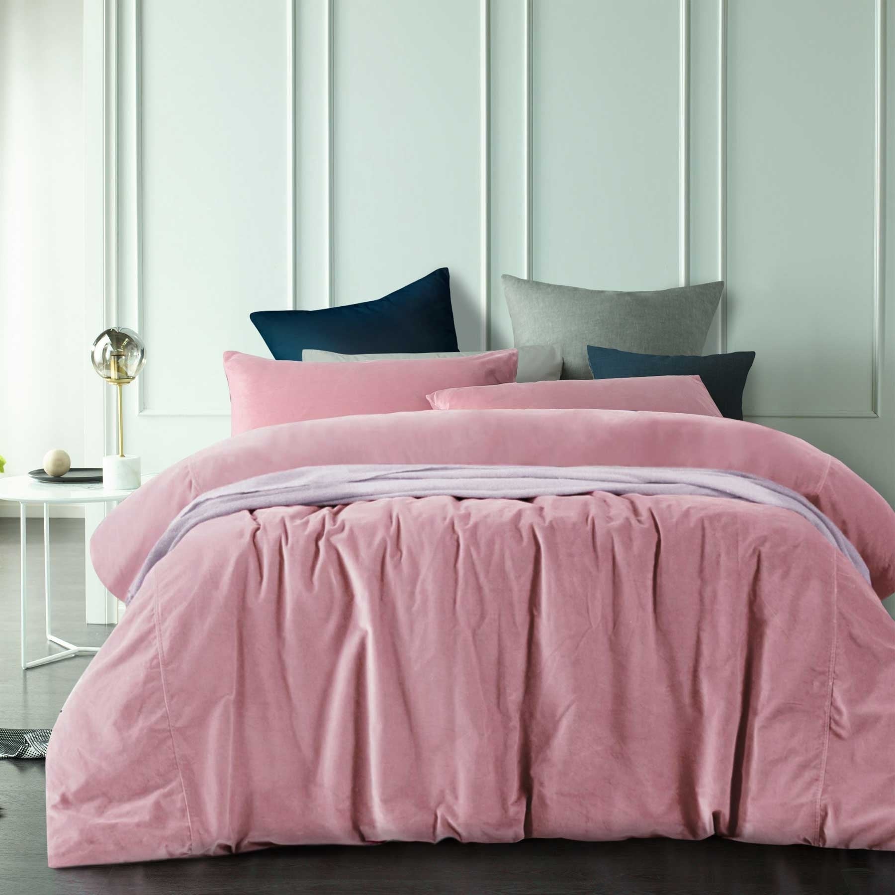 Vintage Design Homewares Cotton Velvet Quilt Cover Set in Smokey Rose, featuring a soft texture and elegant color, perfect for enhancing bedroom decor.