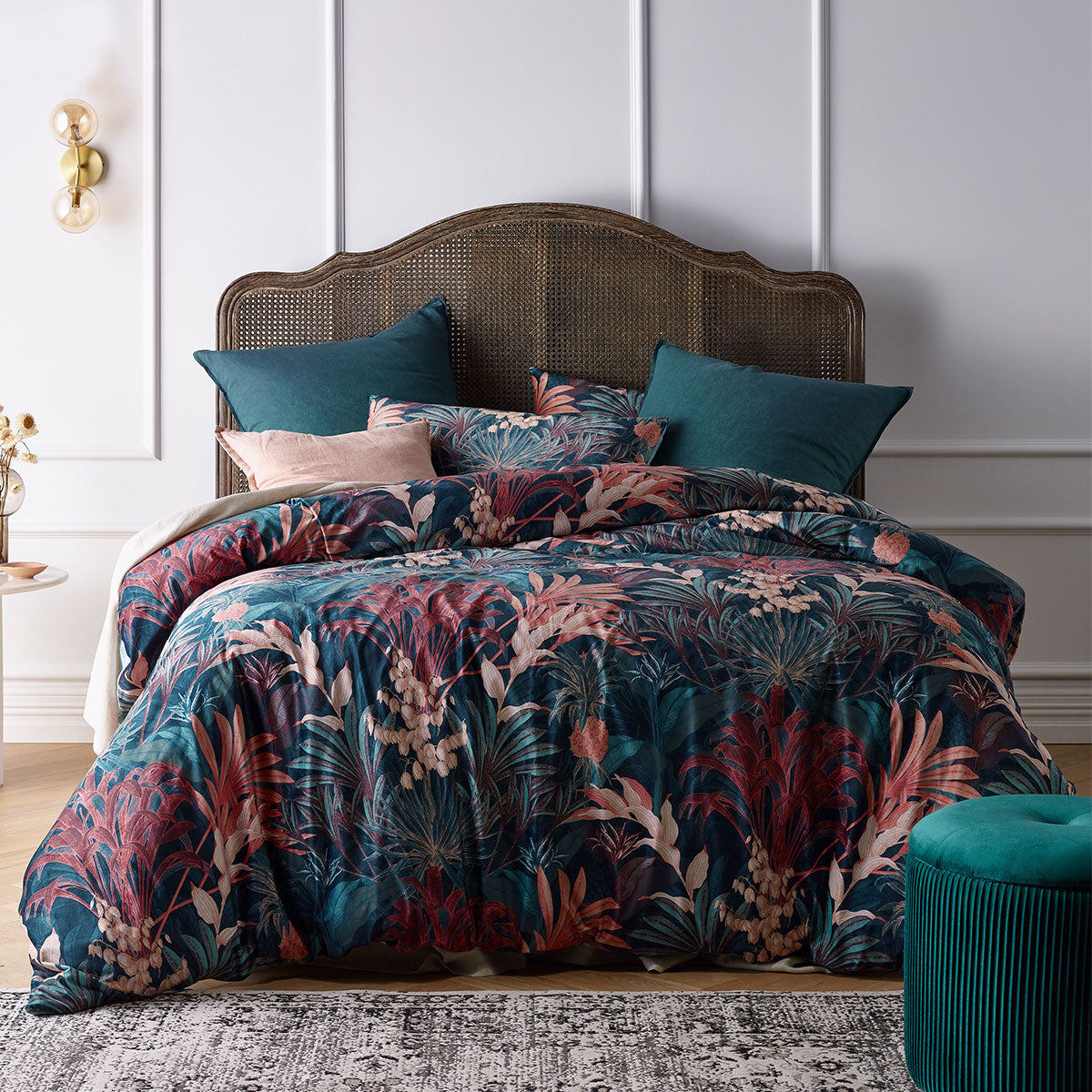 Etheridge Printed Velvet Quilt Cover Set featuring vibrant foliage design in multiple colors, perfect for king-sized beds.