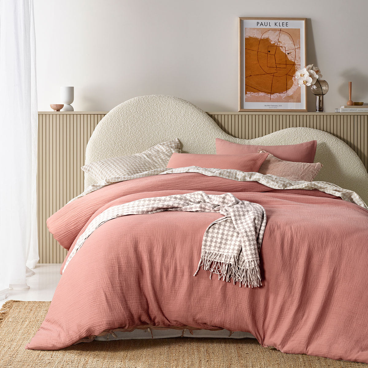 Vintage Design Homewares Hugo Clay Cotton Gauze Quilt Cover Set featuring a soft solid color design, perfect for a queen-sized bed.