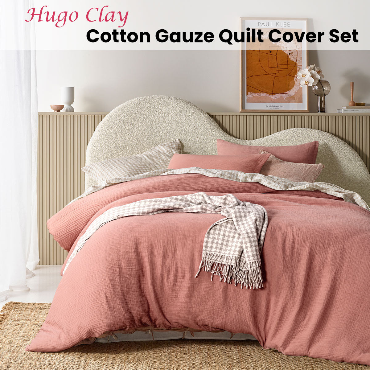 Vintage Design Homewares Hugo Clay Cotton Gauze Quilt Cover Set featuring a soft solid color design, perfect for a queen-sized bed.