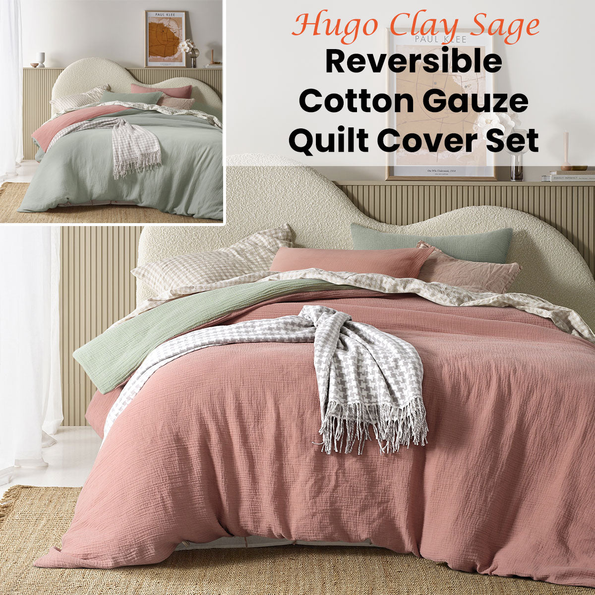 Hugo Reversible Clay Sage Cotton Gauze Quilt Cover Set featuring soft hues and a classic design, perfect for modern bedrooms.