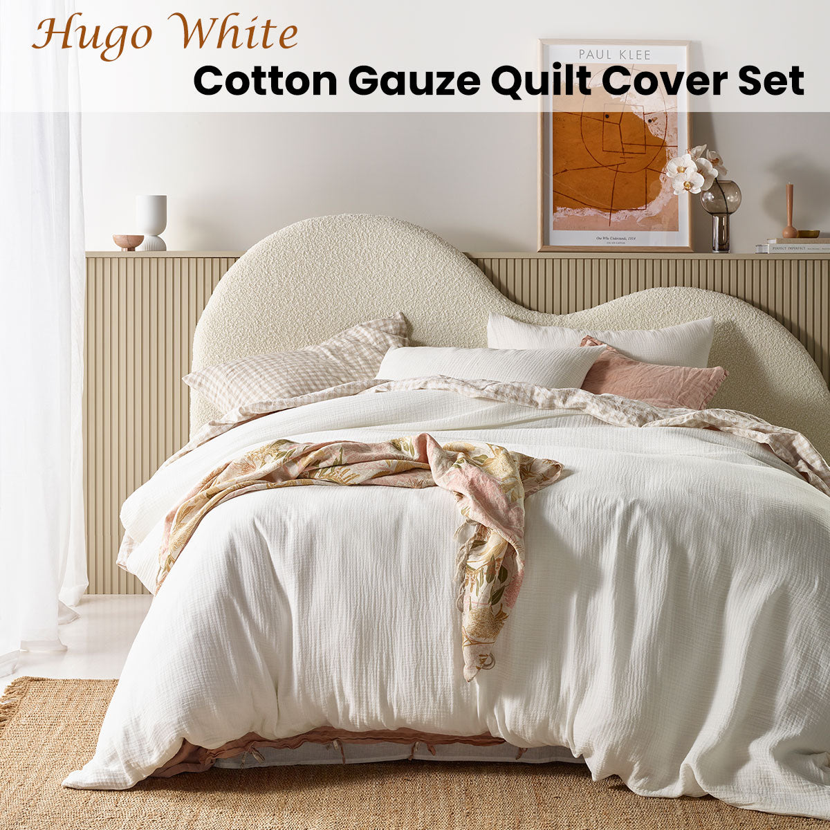 Hugo White Cotton Gauze Quilt Cover Set King featuring soft cotton fabric and elegant solid color design, perfect for a cozy bedroom atmosphere.