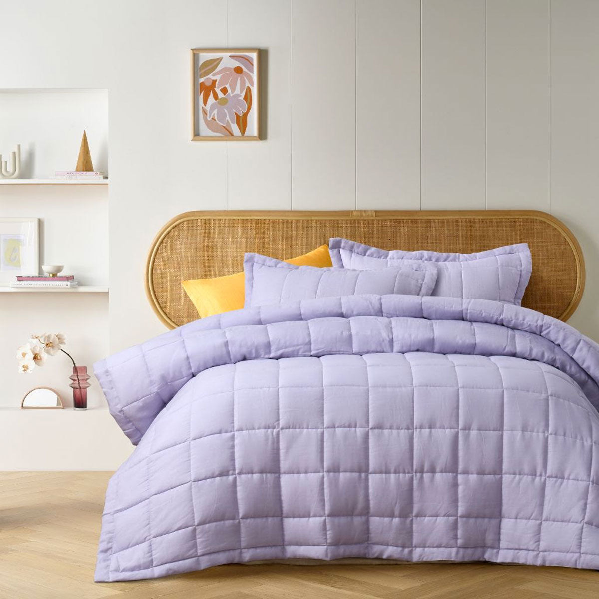 Lilac French Linen Coverlet Set featuring quilted squares design, includes coverlet and two pillowcases, perfect for queen-sized beds.
